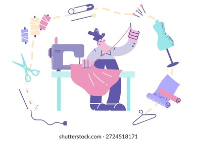 Man tailor stand at desk in workshop sew create new garment designs. Male dressmaker or designer work in fashion studio or atelier. Style and dressmaking. Vector illustration, cartoon character.