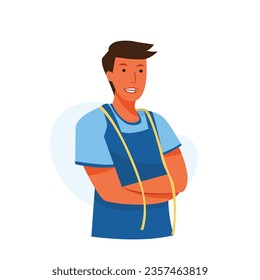 Man tailor wear aprons and clothes meter