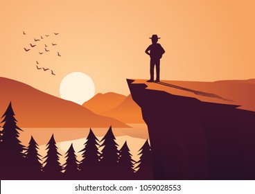 man take adventure in jungle,stand on cliff look to the sun in around with pine forest