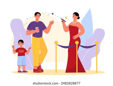 Man take autograph. Young guy on red carpet gives woman pen and paper. Popular personality and actress. Famous actress or singer. Celebrity with fan. Cartoon vector illustration