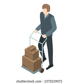 Man take boxes on cart icon. Isometric of man take boxes on cart vector icon for web design isolated on white background