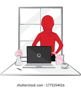 A man take a break from business at work by looking out from the window and his back turned from computer  