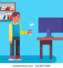 Man take a break with cup of coffee , working desk with working man and computer
