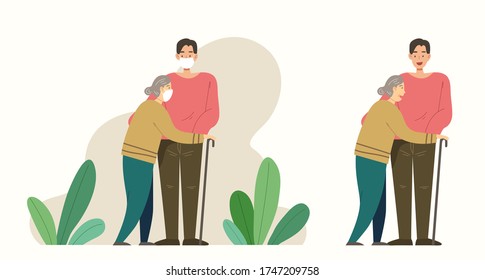 Man take care of old woman, Concept of grandson or son look after his grandmother or mother, male nurse take care of patient, helping elder during COVID19 pandemic. Flat vector illustration character.