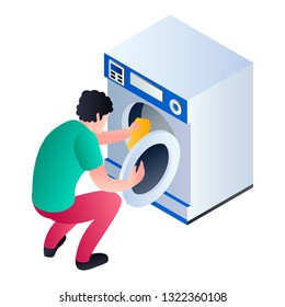 Man take clothes wash machine icon. Isometric of man take clothes wash machine vector icon for web design isolated on white background