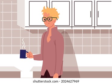 man take coffee in kitchen portrait