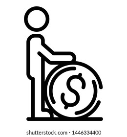 Man take dollar coin icon. Outline man take dollar coin vector icon for web design isolated on white background