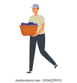 Man take full basket of grapes icon cartoon vector. Home wine production. Alcohol harvest