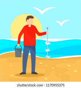 Man take garbage from sea beach background. Flat illustration of man take garbage from sea beach vector background for web design