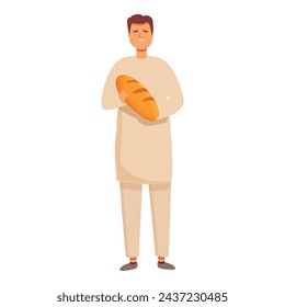 Hombre toma pan caliente icono vector de dibujos animados. Fábrica de producción de pan. Trabajador sonriente