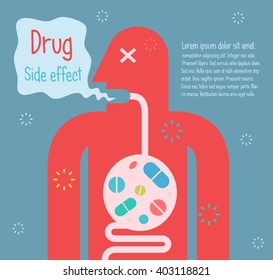 Man take medicine too much. Info-graphic vector illustration.