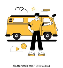 man take photo in front of van flat illustration vector