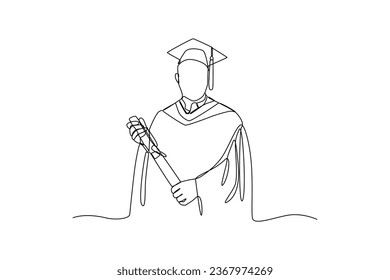 Man take a photo with graduation uniform . Cartoon flat tiny group of happy graduating students characters celebrating graduation, holding school or college education on black and white.