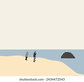 Man take photo of white bird on the beach. The tourist taking picture of sea view and sea gull birds Summer day, clear blue sky.