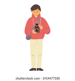 Man take picture photograph use old film vintage camera hipster in flat cartoon vector style
