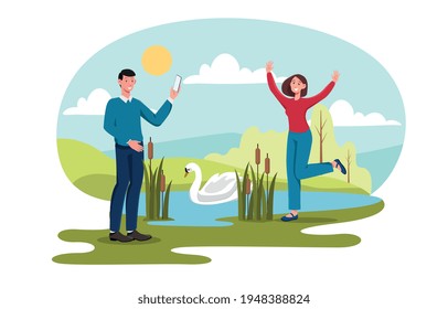 Man take shoot of girlfriend with swan and nature landscape scene behind. Sunny summer weather holiday outdoor activity. Flat cartoon vector illustration concept design. Isolated on white background
