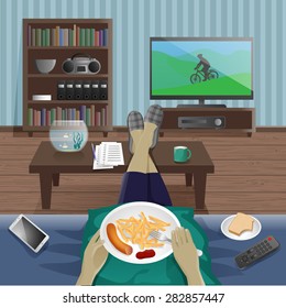 Man take supper at home and watching TV. Vector Illustration