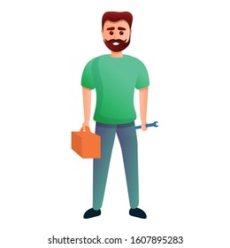 Man take tool box icon. Cartoon of man take tool box vector icon for web design isolated on white background