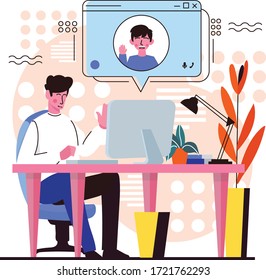 Un hombre hace una videollamada con su amigo en la ilustración de un vector de ordenador