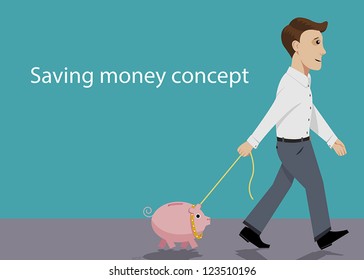 Man take for a walk his piggy bank