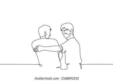 man takes another man by shoulders   turns back and grin    one line drawing vector  concept bodyguard (security guard) takes the intruder away  angry person takes his friend colleague away