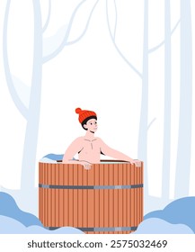 A man takes a bath in the fresh frosty air in a wooden font. Traditional Japanese bathroom. Hand drawn vector illustration.