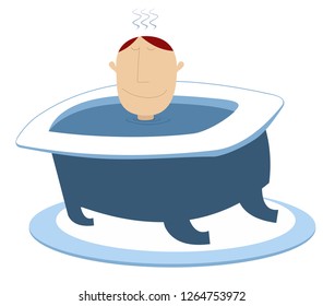 Man takes a bath illustration. Head of the man appears from the water in the bathtub isolated on white
