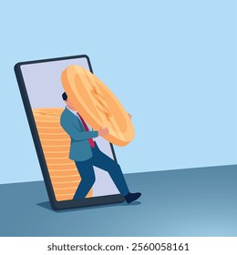 A man takes a big coin out of his mobile phone. Illustration for making money online, working from home, freelancing.