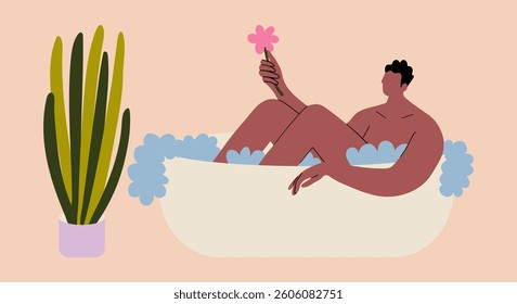 Man takes a bubble bath with a flower in his hand. Cartoon smiling guy relaxing and body care consept. Vector illustration for card, poster, stiker. 
