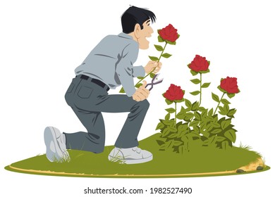 El hombre cuida las flores en el jardín. Los cortes de jardinero se elevan. Ilustración para internet y sitio web móvil. Ilustración bursátil.