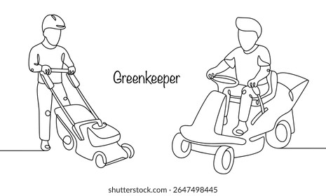 A man takes care of golf courses with the help of special equipment, keeping them in perfect condition. He mows the grass and takes care of other elements of the course. Simple vector illustration.