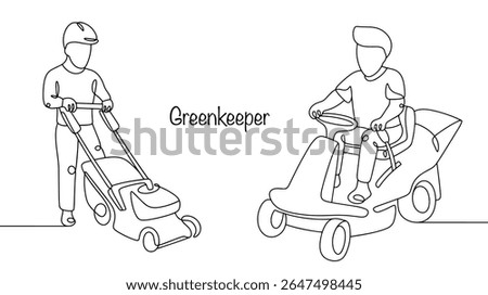 A man takes care of golf courses with the help of special equipment, keeping them in perfect condition. He mows the grass and takes care of other elements of the course. Simple vector illustration.