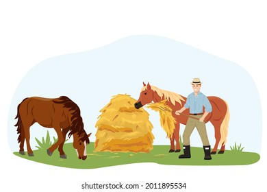 The man takes care of his beloved horses, gives them hay. Two horses eat hay at the farm. Country pet. Agricultural work. Isolated character on a white background. Vector illustration in flat style