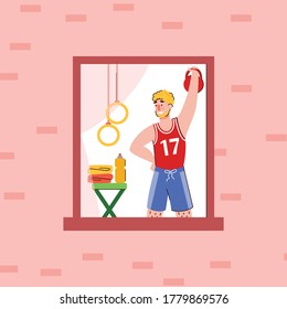 Man takes care of his health and doing sport exercises at home, flat vector illustration. Cartoon character of man lifting weights in frame of house window.