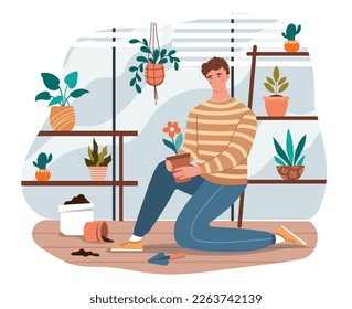 Man takes care of plants. Young guy watering flowers in garden. Elements of interior and decor. Botany and floristry, care for environment and nature, housekeeping. Cartoon flat vector illustration