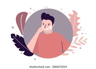 Man takes care of skin. Male applying beauty product. Concept of self care and improving condition of skin. Cosmetics cream, scrub or face mask. Skin Care routine. Cruelty free. Vector illustration