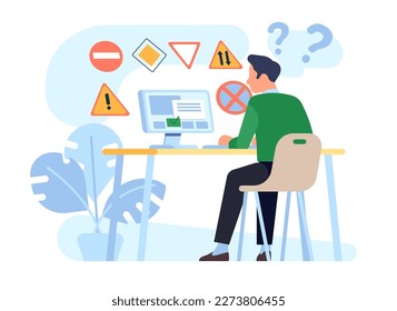 Man takes his driving test while sitting behind computer screen. Guy choosing answer in questionnaire. Student at table. Web examination. Person solving quiz. Vector e