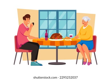 A man takes his mother out for a nice lunch to celebrate her on International Women's Day.