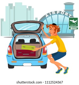 man takes luggage out of car and ready for travel travel by airplane flight, auto transfer to airport. Guy on city street near automobile vector illustration