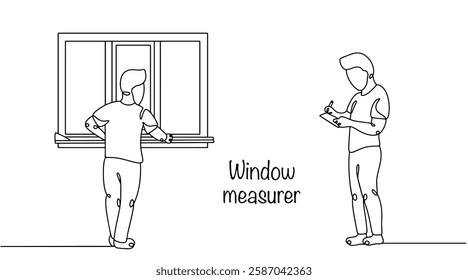 The man takes measurements of the window, and the assistant records the measurement results. A window measurer helps you decide which double-glazed unit to choose to replace a window. Simple vector.