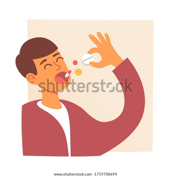 Man\
takes medicine. Pills in mouth. Man eating Pills. Disease\
treatment. Drug and vitamins. Vector\
illustration