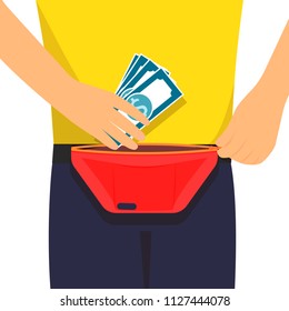 Man takes money from waist belt bag, vector illustration. Colorful fashion accessory 