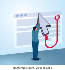 A man takes the mouse pointer from the fishing rod in front of a website page. Illustration for click bait, digital phishing, online marketing.