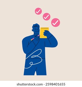 Man takes notes  and done mark. Colorful vector illustration 
