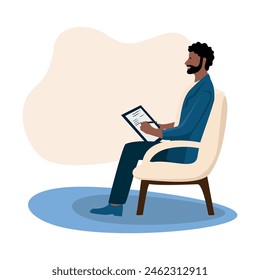 A man takes notes while sitting in a chair. A man sits in a chair and writes at a seminar, conference, training or lecture. Business people. Vector illustration in flat style.