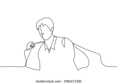 man takes off his jacket - one line drawing. concept man undressing after working day in the office