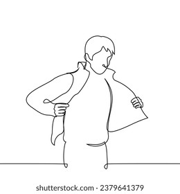 man takes off his jacket - one line art vector. concept undressing, transition from winter clothes, trying on outerwear