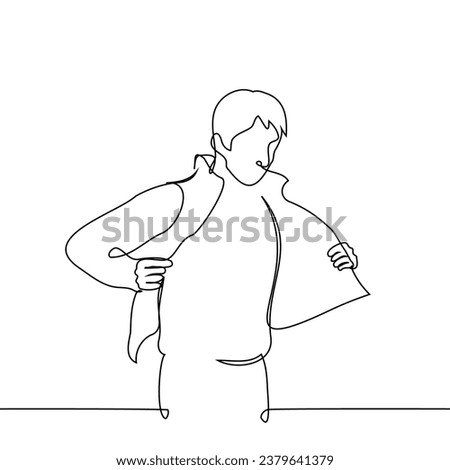 man takes off his jacket - one line art vector. concept undressing, transition from winter clothes, trying on outerwear