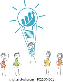 A man takes off with a light bulb symbolizing a fabulous idea