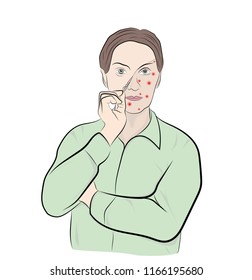 the man takes off the mask with pimples. therapeutic effect. vector illustration.